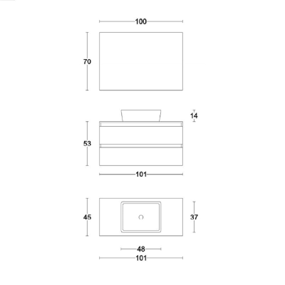 Suspended bathroom cabinet 100 cm Quercia with countertop washbasin and mirror - CUBE1