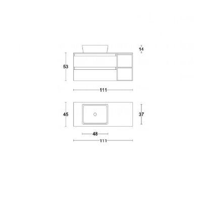 Suspended bathroom cabinet, double base, elm coffee chest of drawers with open module and countertop washbasin