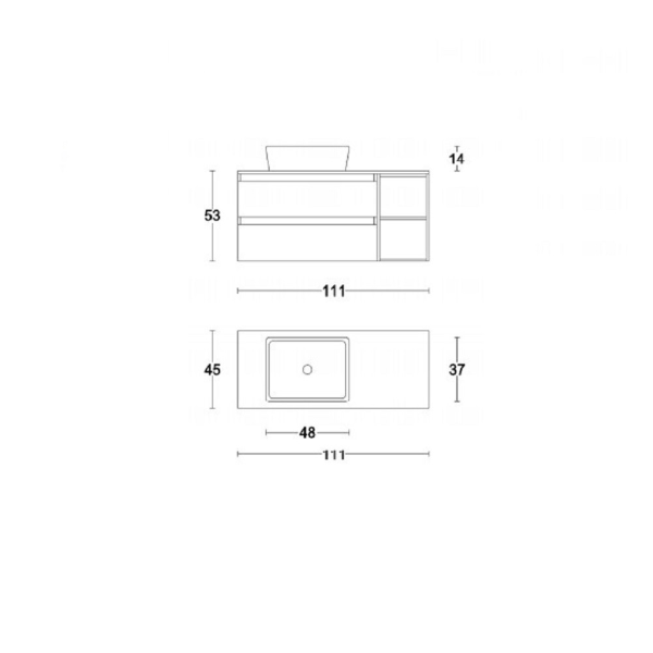 Suspended bathroom cabinet, double base, elm coffee chest of drawers with open module and countertop washbasin