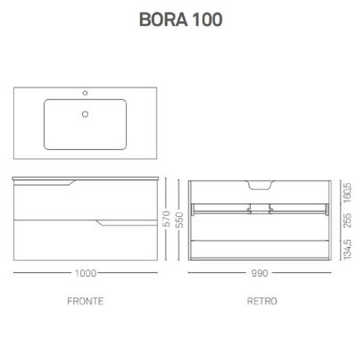 BORA Suspended bathroom furniture base 100 modern 2 drawers with WASHBASIN,WHITE LARCH 