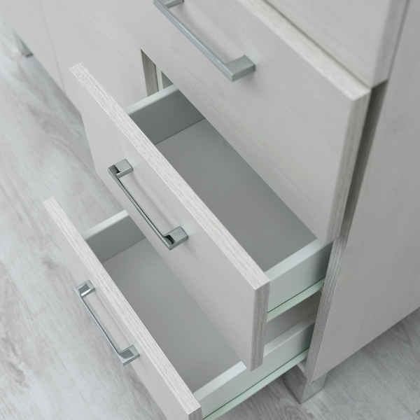 Floor-standing bathroom cabinet 2 doors 3 drawers mirror and white oak LED lamp