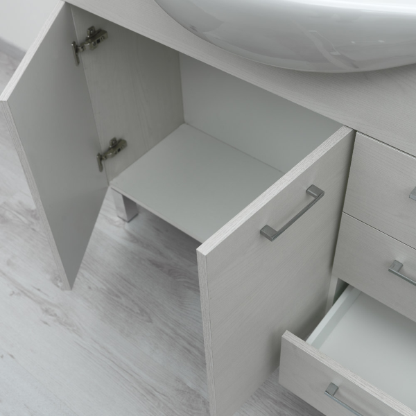 Floor-standing bathroom cabinet 2 doors 3 drawers mirror and white oak LED lamp