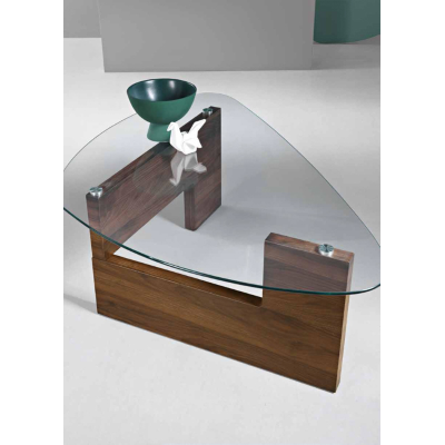 Table basse avec plateau en verre, piètement en teck CASTORE