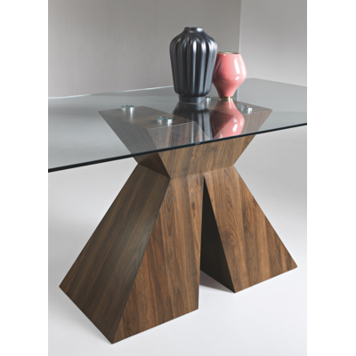 Tavolo con piano in vetro trasparente e base effetto legno ZEFIRO TEAK