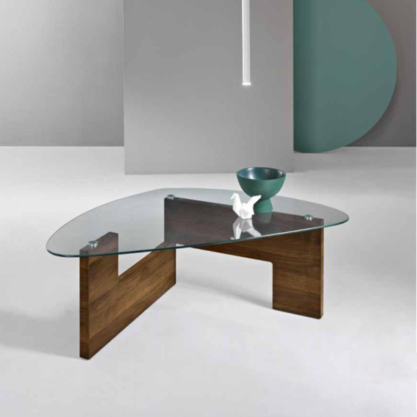 Table basse avec plateau en verre, piètement en teck CASTORE