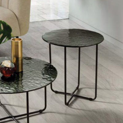 Table basse ronde avec plateau en verre trempé effet martelé fumé JON 45