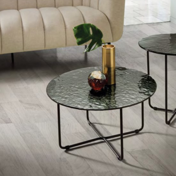 Runder Couchtisch mit Platte aus gehärtetem Glas in geräucherter Hammerschlag-Optik JON 60