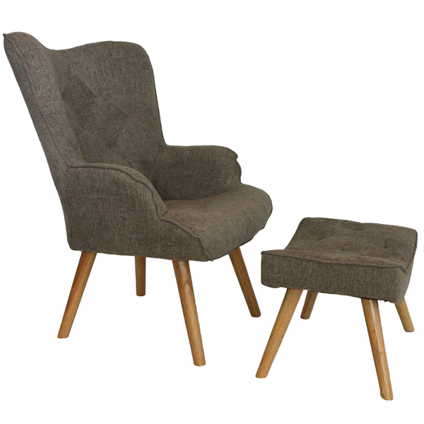 Fauteuil et pouf en tissu avec pieds en bois, assise capitonnée marron