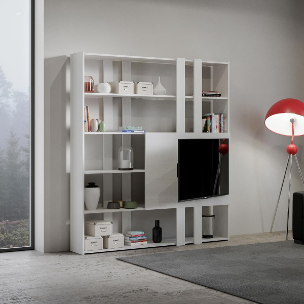 Libreria in legno Bianco Frassino 178x204h cm con porta TV - KATO H