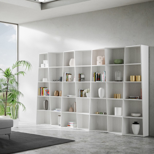 Libreria in legno Bianco 317x200h cm con 7 elementi e vani trapezoidali TREK