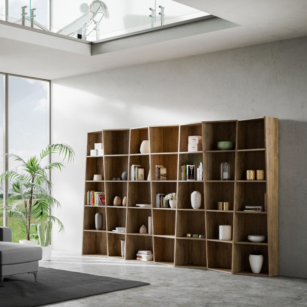 Walnut wooden bookcase 317x200h cm with 7 elements and trapezoidal compartments TREK