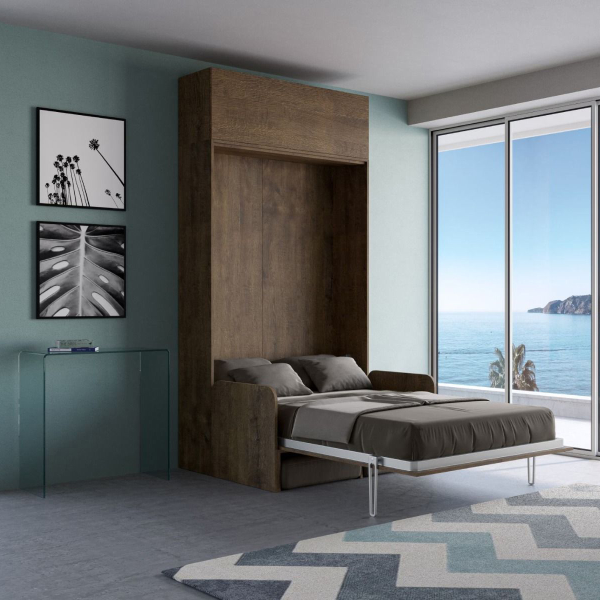 Cama francesa abatible vertical 140 cm con KENTARO SOFÀ Mueble alto Nogal