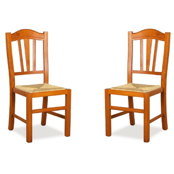 Chaise de cuisine en merisier massif avec assise en paille SILVANA lot de 2