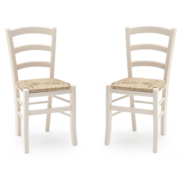 Venezia Stühle aus Massivholz mit Strohsitz 2er-Set weiß