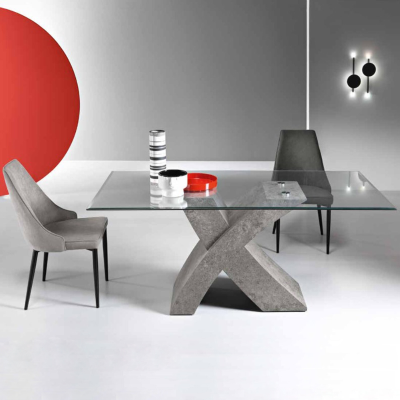 RAUL concrete table with glass top and wood effect base