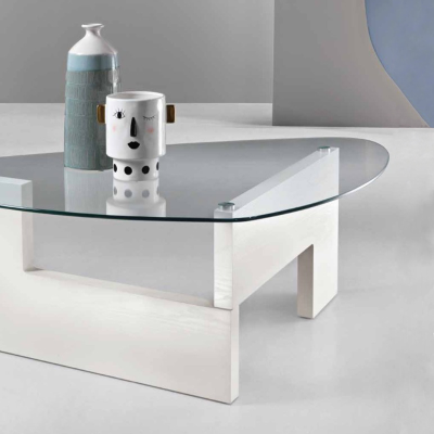 Table basse avec plateau en verre et piètement en bois CASTORE Blanc