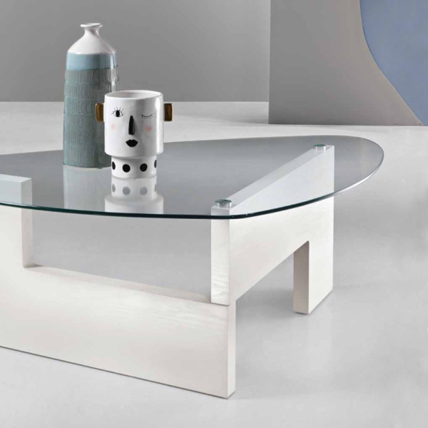 Table basse avec plateau en verre et piètement en bois CASTORE Blanc