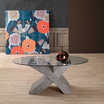 Ovaler Couchtisch mit Glasplatte und CEMENT-Farbbasis