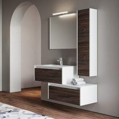 Mobile bagno sospeso con lavabo e doppia base 82 con cassetto LUNA2 Bianco/olmo caffè