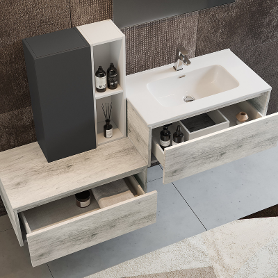 Suspended bathroom cabinet 82cm white oak with integrated sink and mirror - LUNA2