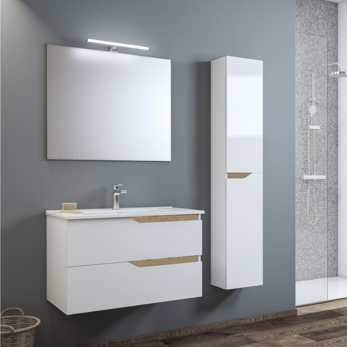 Bagno sospeso completo base 102 cm con lavabo specchio e lampada LED GRACE2 Bianco
