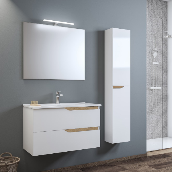 Suspended bathroom cabinet 102 cm white with mirror and sink - GRACE2