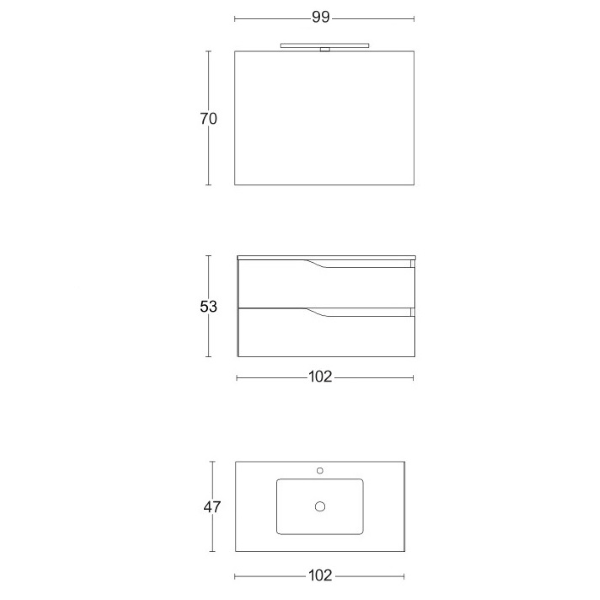 Suspended bathroom cabinet 102 cm white with mirror and sink - GRACE2