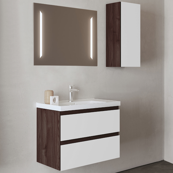 Suspended bathroom cabinet 82 cm base 2 drawers with GRACE4 Elm Coffee/Glossy White washbasin