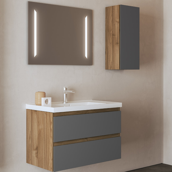 Suspended bathroom cabinet base 2 drawers 82 cm with GRACE4 matt walnut/graphite washbasin