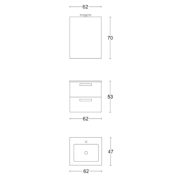 Suspended bathroom cabinet base 2 drawers 62 cm with washbasin LED lamp mirror ANGELA1 oak 