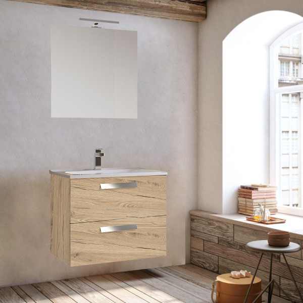 Suspended bathroom cabinet base 2 drawers 62 cm with washbasin LED lamp mirror ANGELA1 oak 