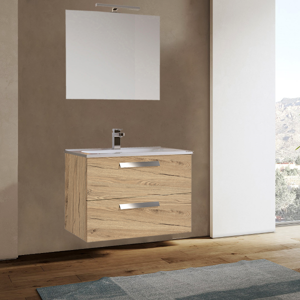 Suspended bathroom cabinet 82 cm Natural Oak with sink and LED mirror - ANGELA1