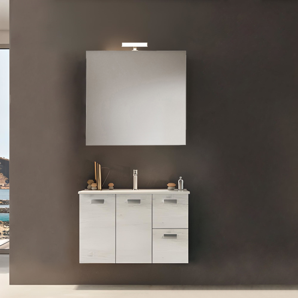 Mobile bagno sospeso 82 cm base 2 ante e 2 cassetti con lavabo ANGELA2 Quercia Bianco