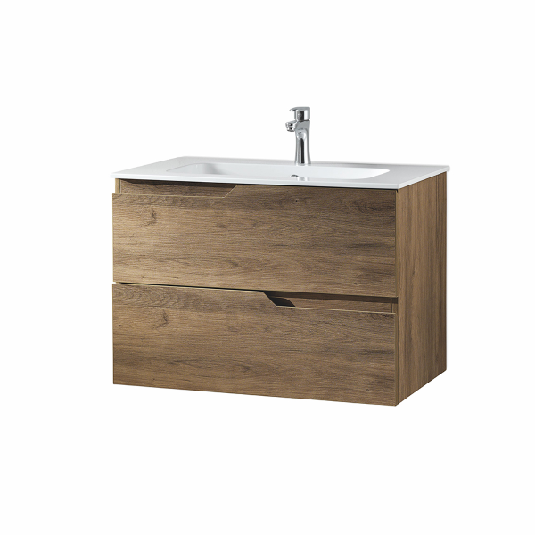 Meuble de salle de bain suspendu moderne BORA base 80 avec 2 tiroirs et lavabo, chêne