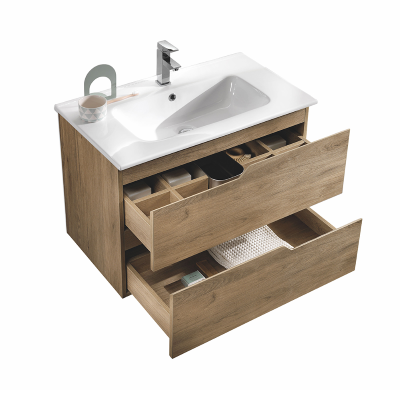 Meuble de salle de bain suspendu moderne BORA base 80 avec 2 tiroirs et lavabo, chêne