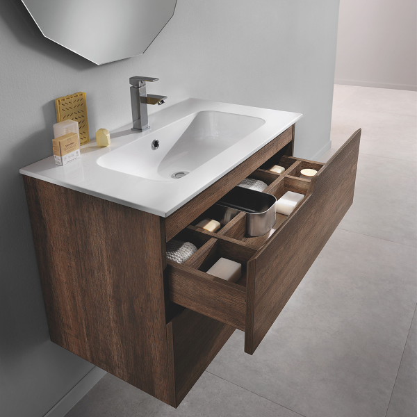 BORA Badezimmer-Hängeschrank, Sockel 80 cm, modern mit 2 Schubladen und TEK-Waschtisch