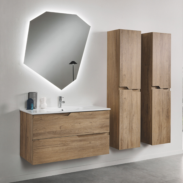 BORA Bathroom cabinet suspended base 100 modern 2 drawers with sink, OAK NODI