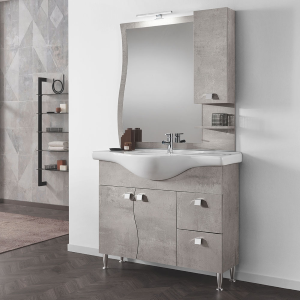 Freistehender Badezimmerschrank 105 cm mit 2 Türen und Schubladen aus hellem Zement – Onda