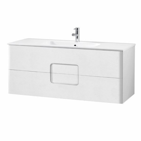 120 cm langer hängender Badezimmerschrank aus ARCO-Melamin in weißer Lärche mit zwei Schubladen