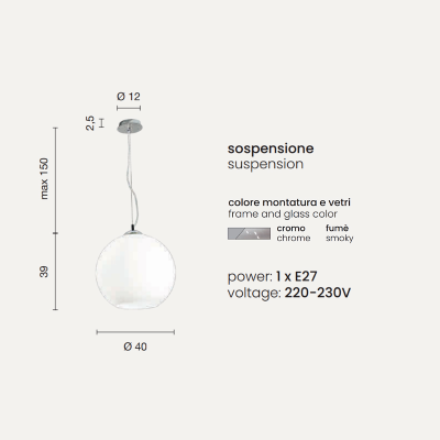 Lampada a sospensione vetro soffiato D40 cm - BOLA Fumè