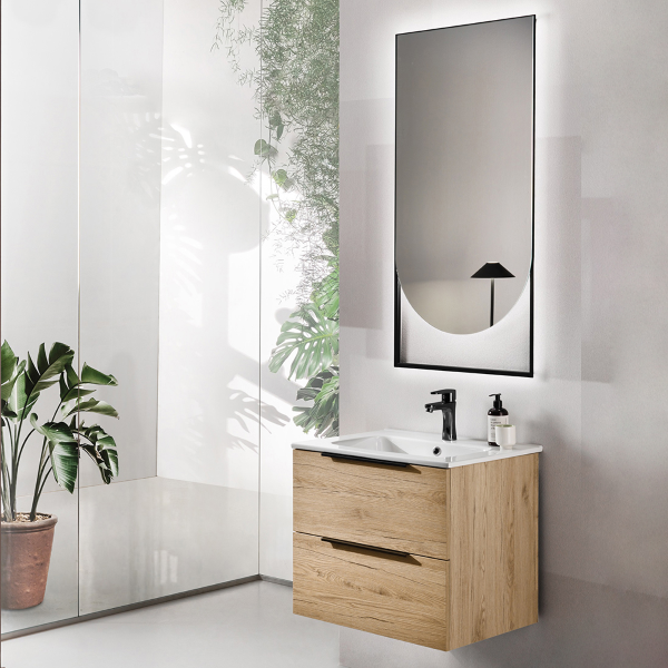 Meuble de salle de bain suspendu 60 cm avec miroir lumineux LED BALI chêne  naturel - 011152