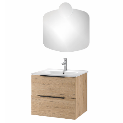 Suspended bathroom cabinet 60 cm with mirror and BALI Natural Oak LED wall light