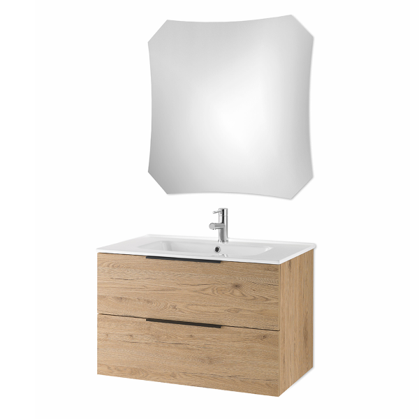 Suspended bathroom cabinet 80 cm and LED backlit mirror BALI Natural Oak