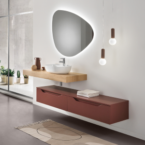 Mueble de baño suspendido MIXI M con módulo de doble encimera con lavabo y espejo LED