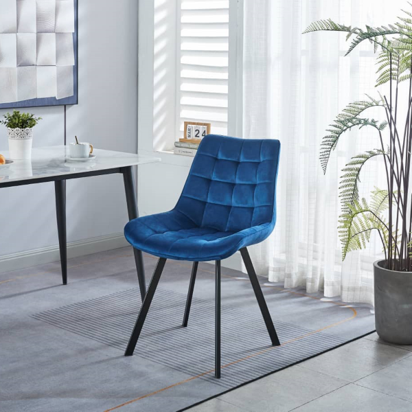 Chaise de salle à manger en velours bleu et pieds métal noir - Roma 2 chaises