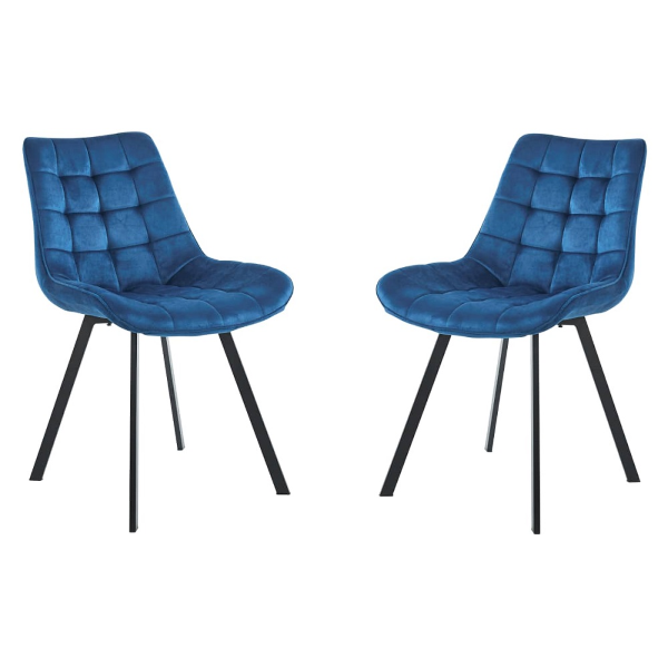 Chaise de salle à manger en velours bleu et pieds métal noir - Roma 2 chaises