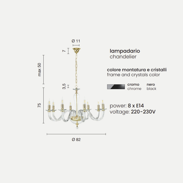 RAVEL 8 Lichter Pendelleuchte aus handgefertigtem SCHWARZEM Glas D82 cm