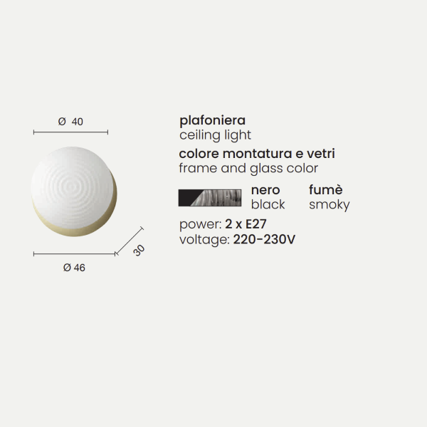 D46 cm TONDO Deckenleuchte mit geräuchertem Metallsockel und Glasdiffusor
