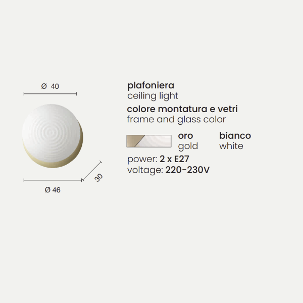 Ceiling lamp D46 cm TONDO with Gold metal base and glass diffuser