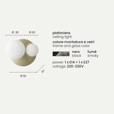 D52 cm TONDO Deckenleuchte mit geräuchertem Metallsockel und 2 Glasdiffusoren